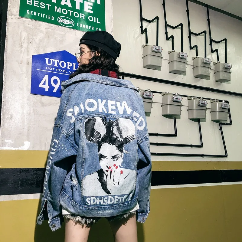 Женская джинсовая куртка OUSHANG винтажная Свободная в стиле панк с буквенным
