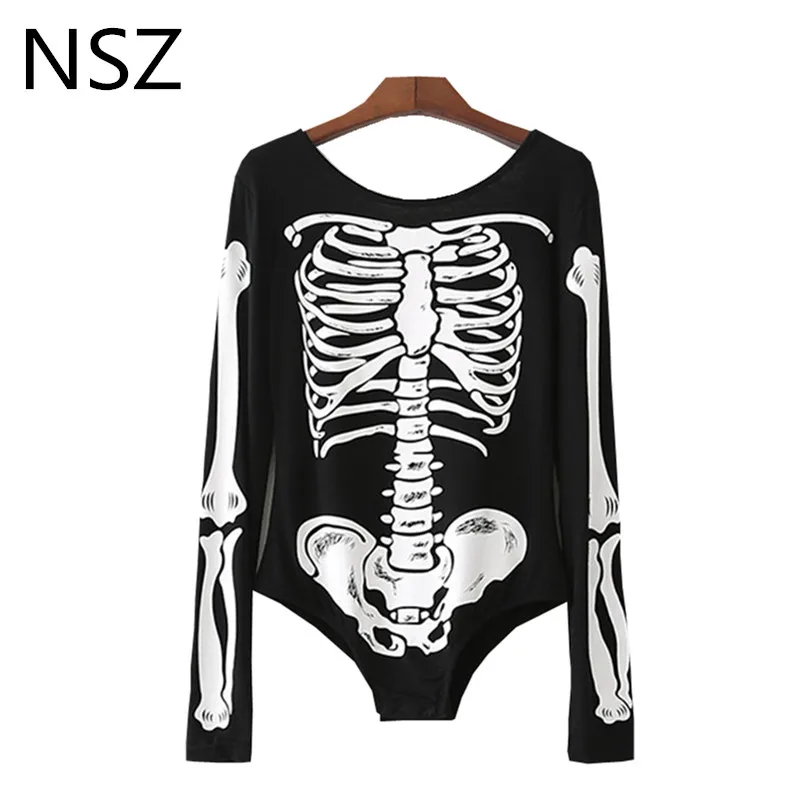 NSZ женские хлопковые черные боди с черепом сексуальные длинным рукавом Клубные