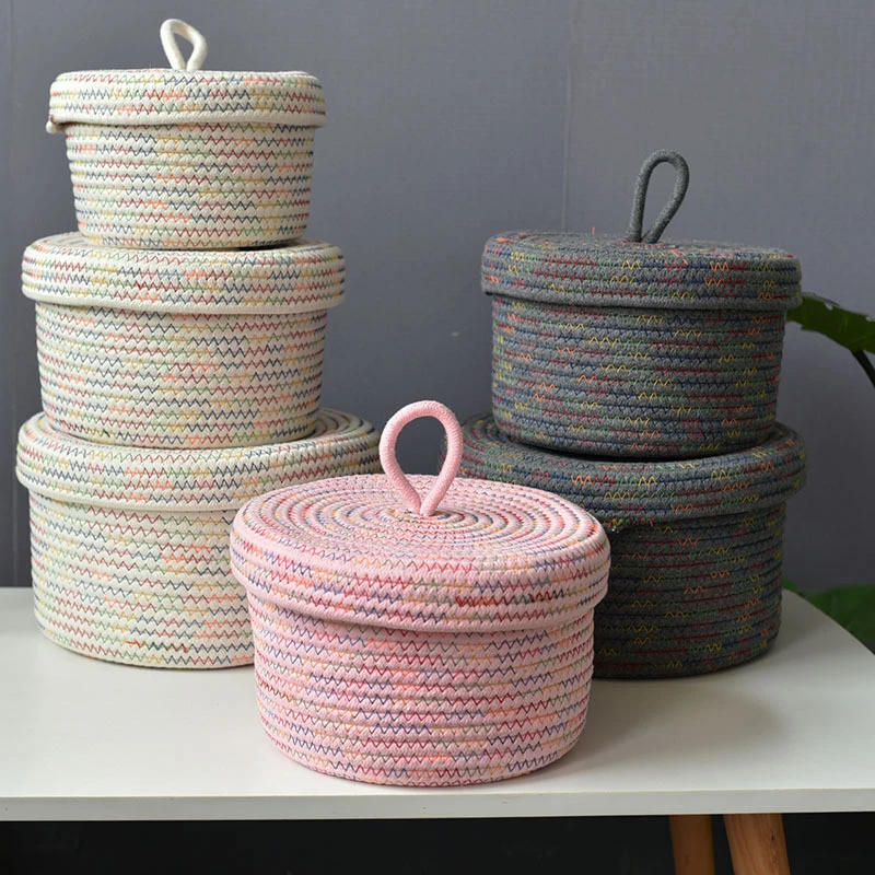 

Round Baskets with Lids Woven Cotton Rope Storage Basket Tabletop Snacks Debris Basket Decoration for Coffee Table