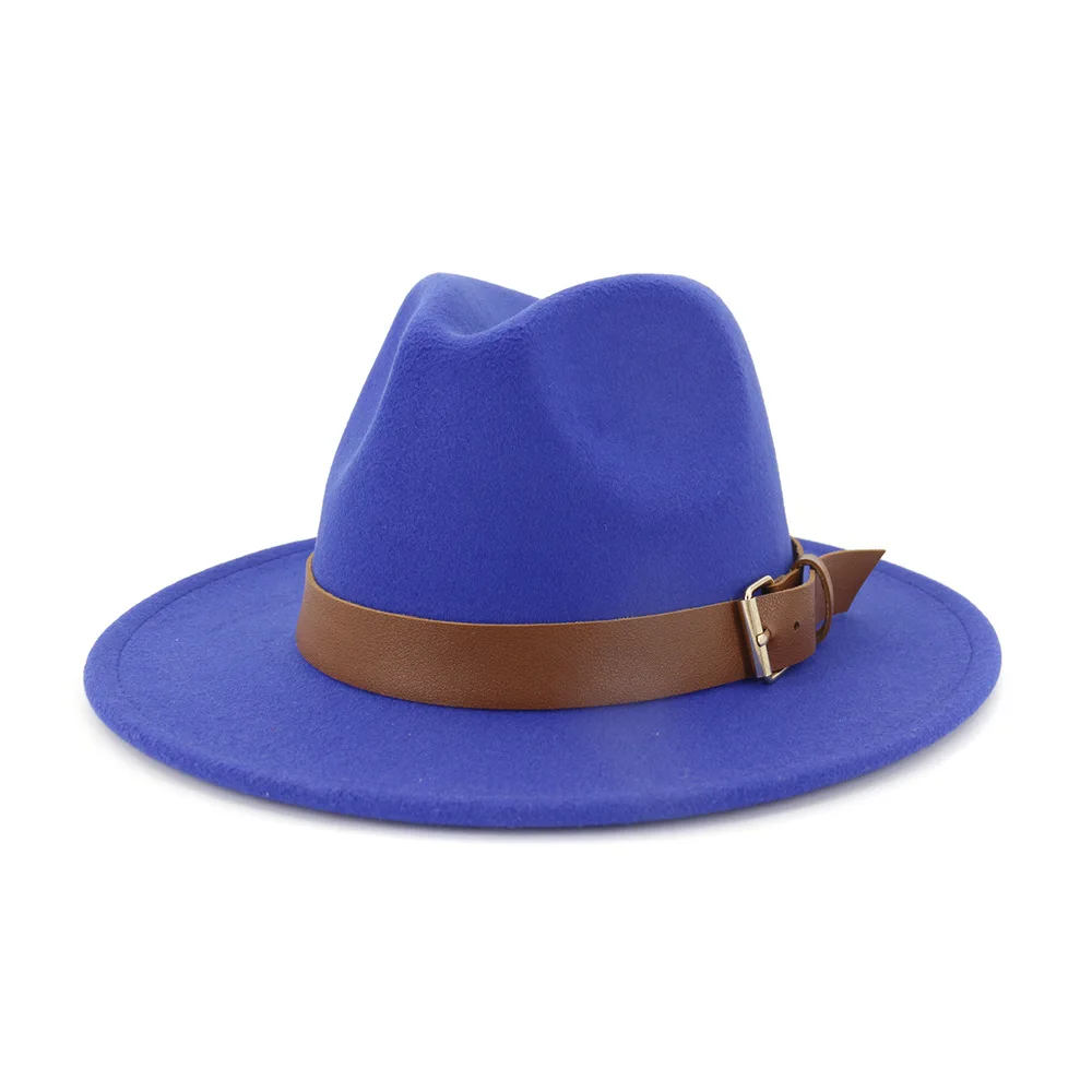 royal blue Новинка, Зимняя женская бейсболка с меховым помпоном, элегантная коричневая искусственная кожа, ремешок для мужчин, войлок, джаз, федоры для женщин, 13 цветов - Цвет: royal blue