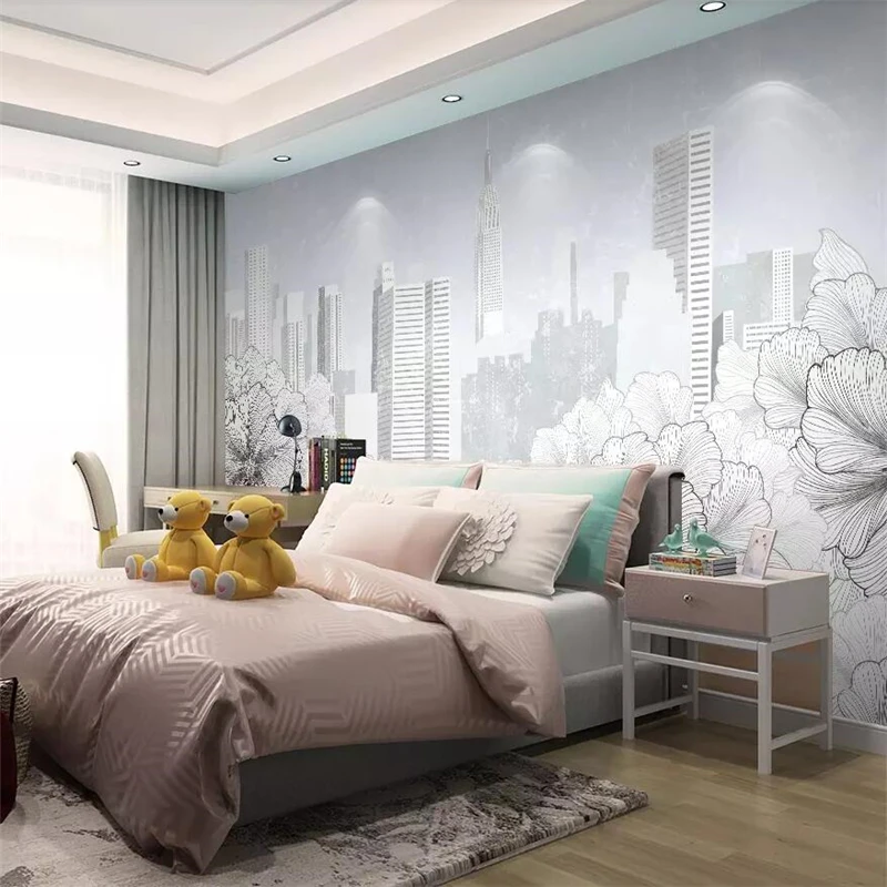 Customize Modern minimalist line drawing flower city architecture TV background wall painting custom large mural green wallpaper |