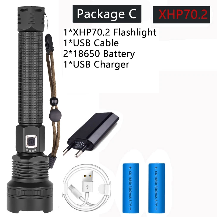 Package C 8000лм супер яркий тактический Водонепроницаемый фонарь, XHP50 и XHP70.2 светильник-вспышка с 4 режимами, светильник для кемпинга, аккумулятор 16850 - Испускаемый цвет: Package C
