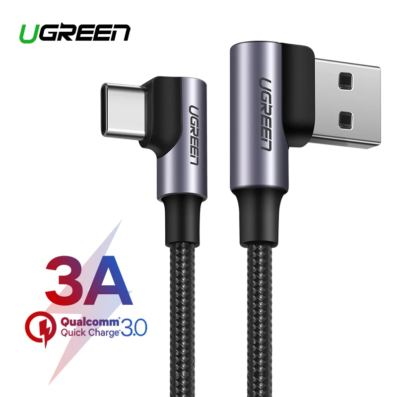 Ugreen нейлоновый USB C кабель 90 градусов Быстрое Зарядное устройство usb type C кабель для Xiaomi Mi 8 samsung Galaxy S9 Plus мобильный телефон USB-C шнур