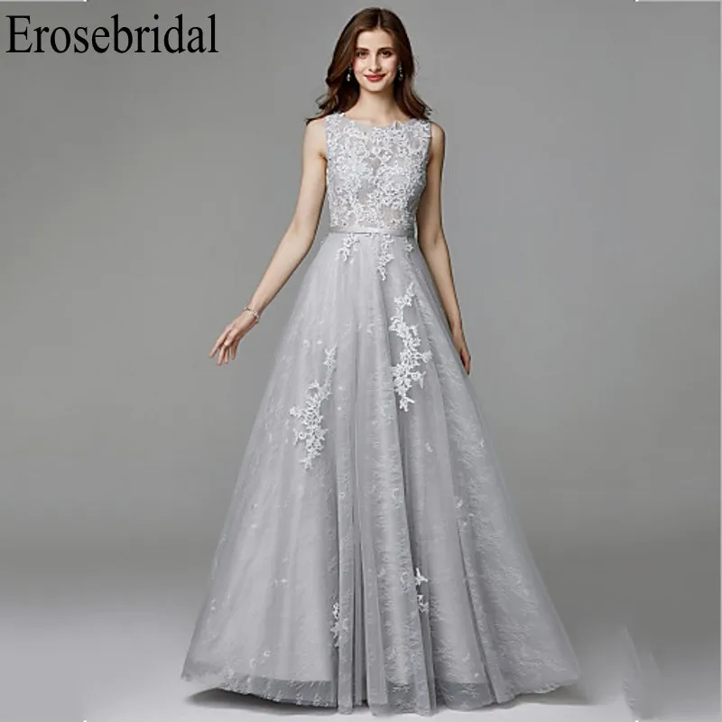 Женское длинное вечернее платье Erosebridal серое элегантное кружевное с V-образным