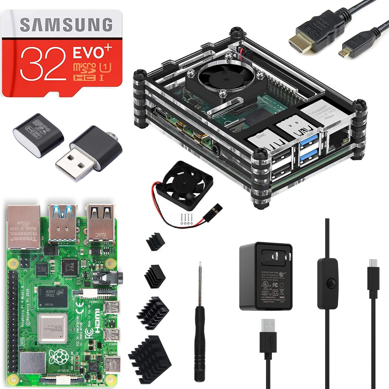 

New Raspberry Pi 4 Model B Starter Kit 32GB Micro SD Card Preloaded Noobs 1/2/4GB RAM Optional 5.25V/3A Power Clear 7-Layer Case