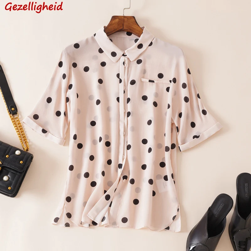 

Gezelligheid Blouses For Women 2021 Summer Fashion Elegant Dot Short Sleeve Printed Casual Slim 100% Natural Silk T Shirts Tops