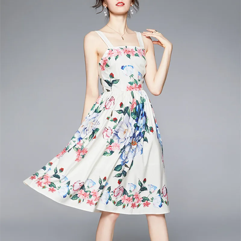 

Bohemia 2022 Summer Dress For Women Designer Spaghetti Strap Colorful Floral Print Elegant Knee-Length A-Line Dress Vestidos