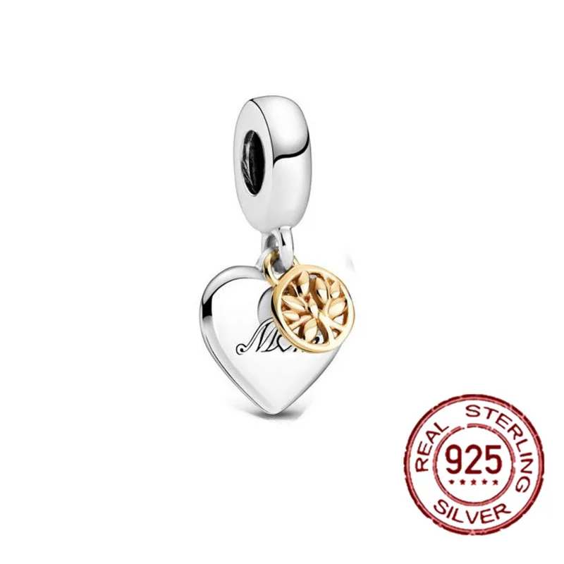 

925 Sterling Silver Two-tone Family Tree Heart Dangle Charm fit Pandora Bracelet Necklace Silver 925 Jewelry Mother's Day Gift