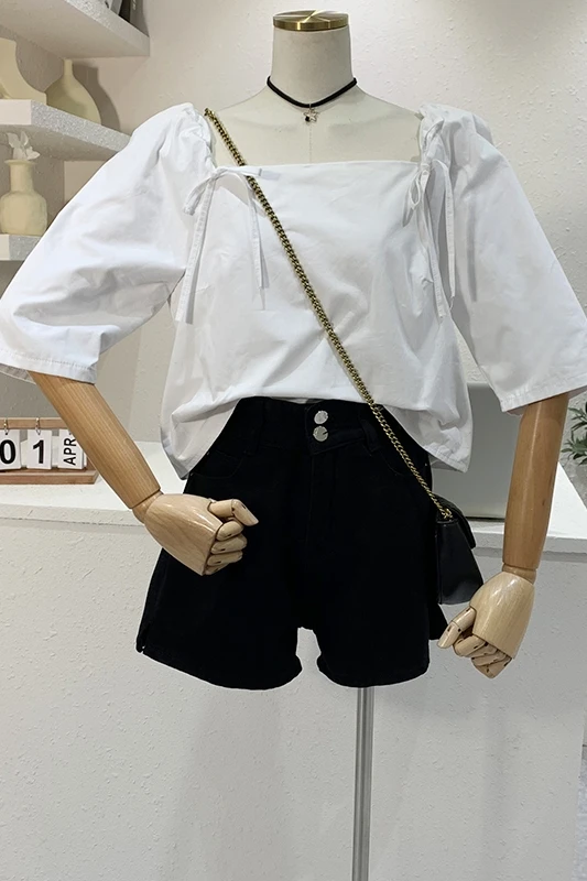 

Cropped Shirt for Women 2021 Summer New Korean Style Square Collar Lace Up Puff Sleeve Blouse Female Slimming Short Top Fashion