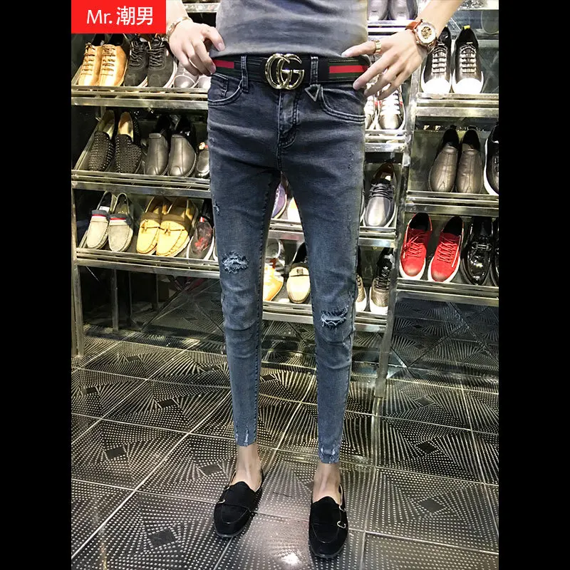 Новое поступление весна осень 2020 мужские плотно облегающие рваные брюки до