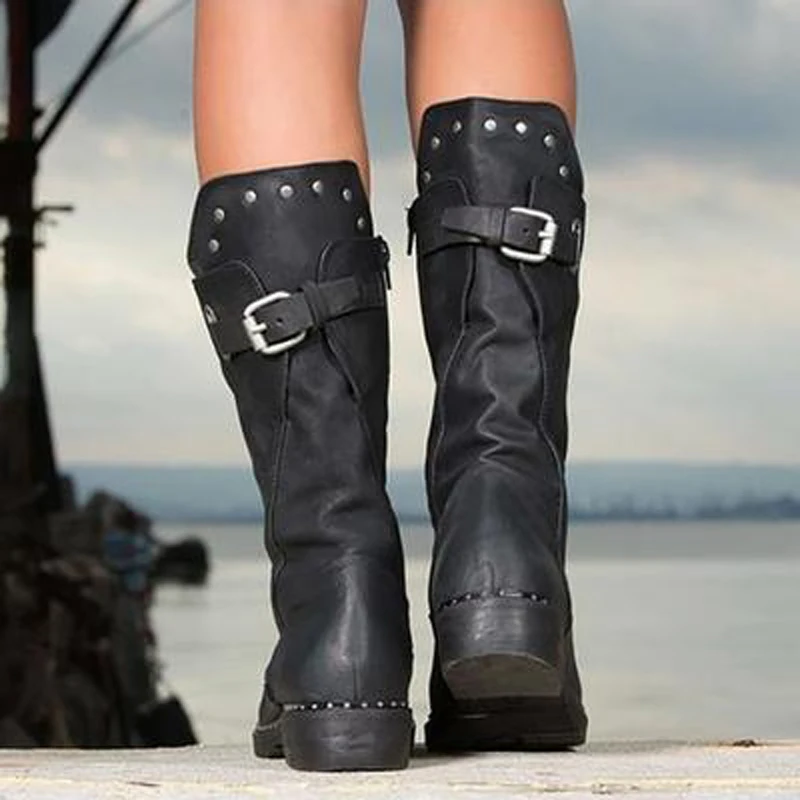 PUIMENTIUA/модные женские ботинки до середины икры; botas zapatos mujer; зимняя обувь из искусственной кожи; большие размеры 35-43