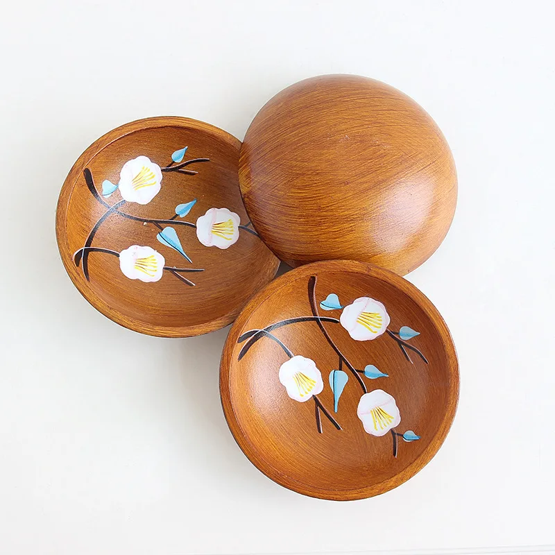 

2021 new creative round peach blossom fruit plate antique old wooden dinner plate candy melon seed snack wooden bowls and saucer