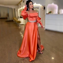 Robe de bal en Satin Orange, grande taille, fente latérale haute, épaules dénudées, manches longues, robe de soirée formelle, ligne A  (4)