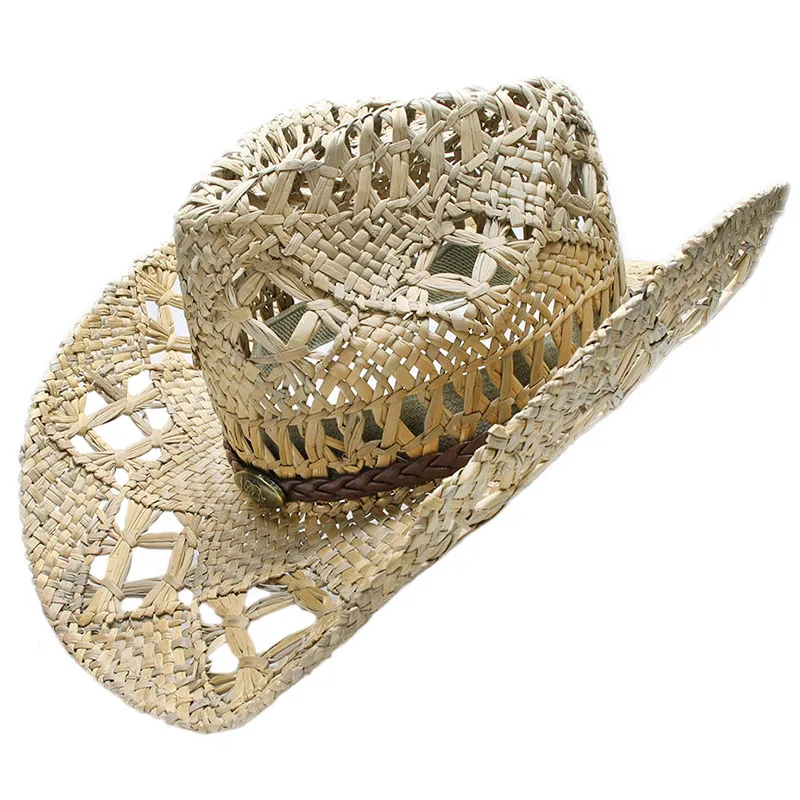 LUCKYLIANJI-sombrero de paja con visera Vintage para hombre y mujer, Sombrero estilo Cowboy, sombrero occidental, Correa trenzada de cabeza de Toro, 58cm