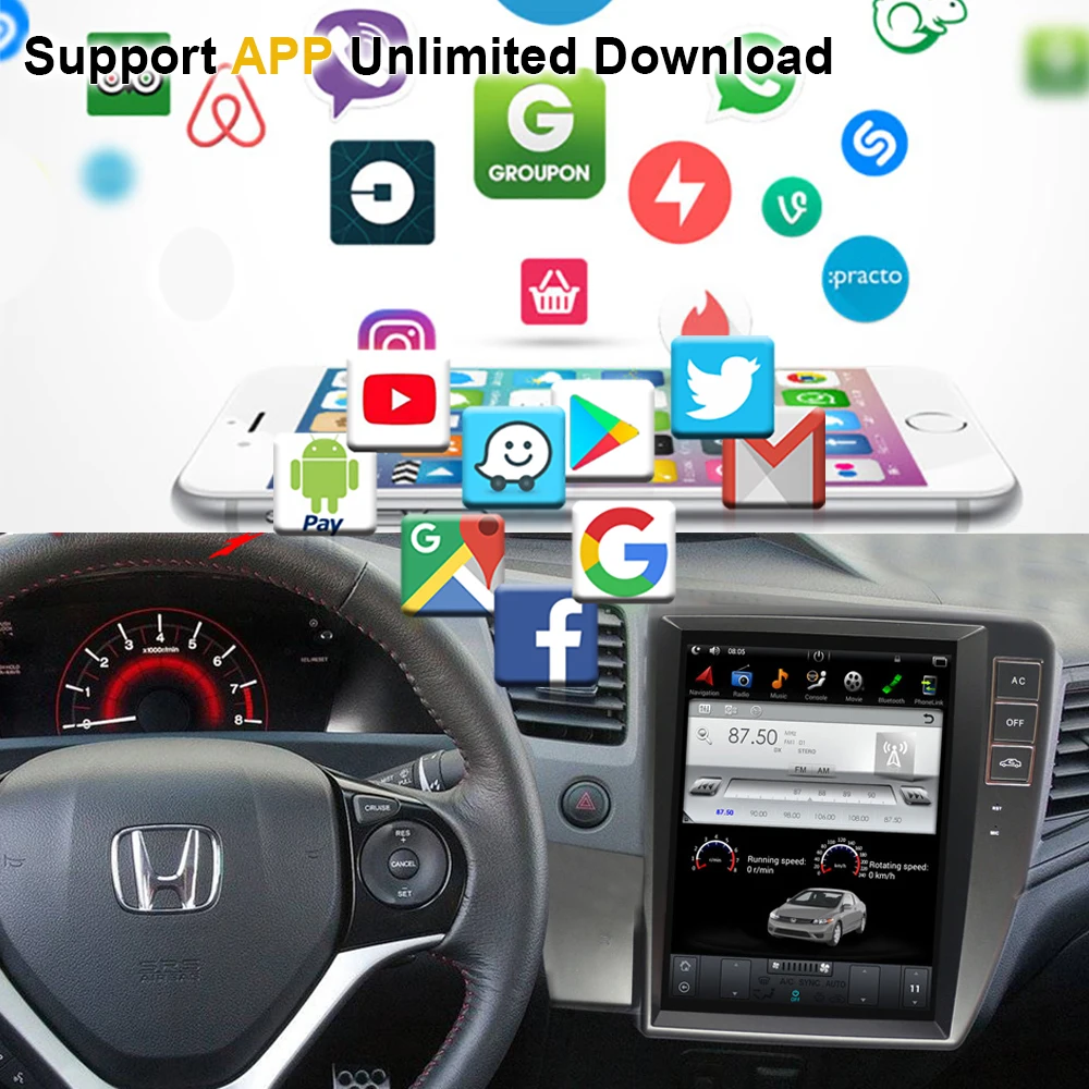 Вертикальный Автомобильный GPS-навигатор в стиле Tesla Android 9 0 для HONDA CIVIC с левым