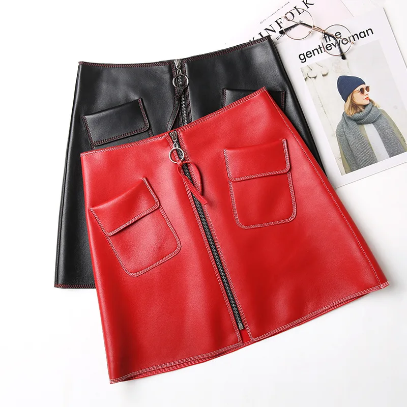 

Натуральная кожаная юбка женская обувь из натуральной овечьей кожи натуральный овчины женская мини юбка с высокой талией Короткие красног...