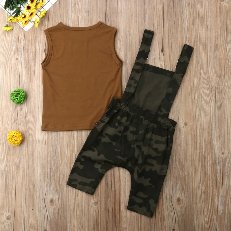 Toddler Baby Bibs Girl Boys Printing Clothes Vest Top T-Shirt+Camouflage Overalls Cotton Outfit Children Summer Clothing Set | Детская