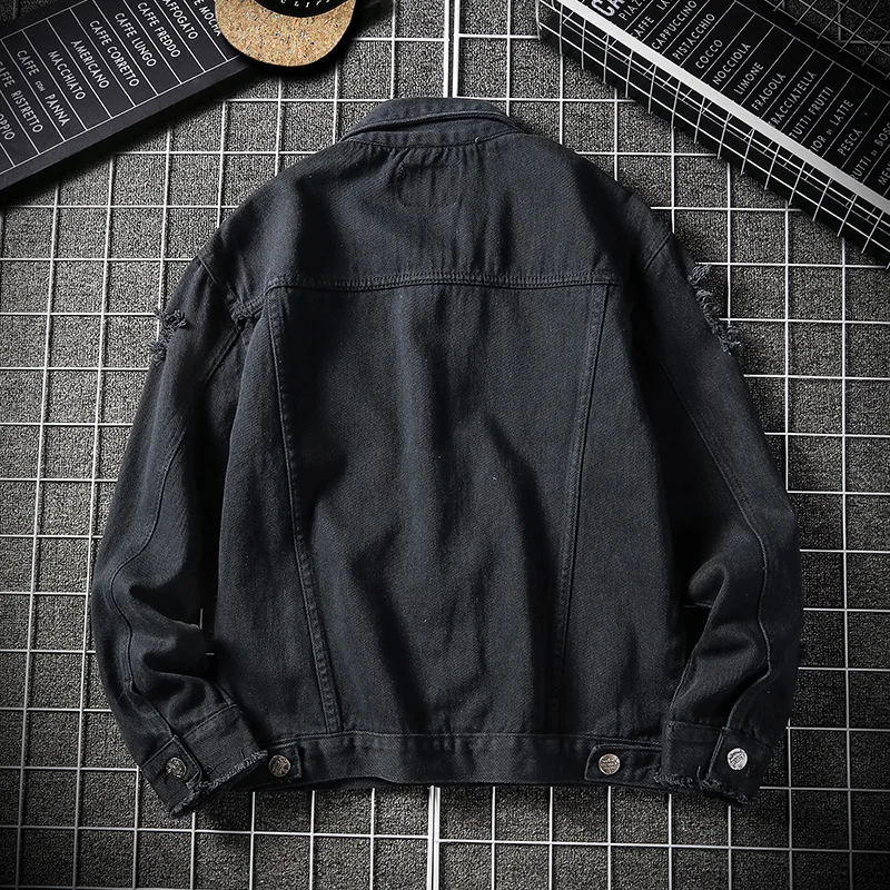 Джинсовая куртка с дырками однотонная Свободная Повседневная Уличная рваная из