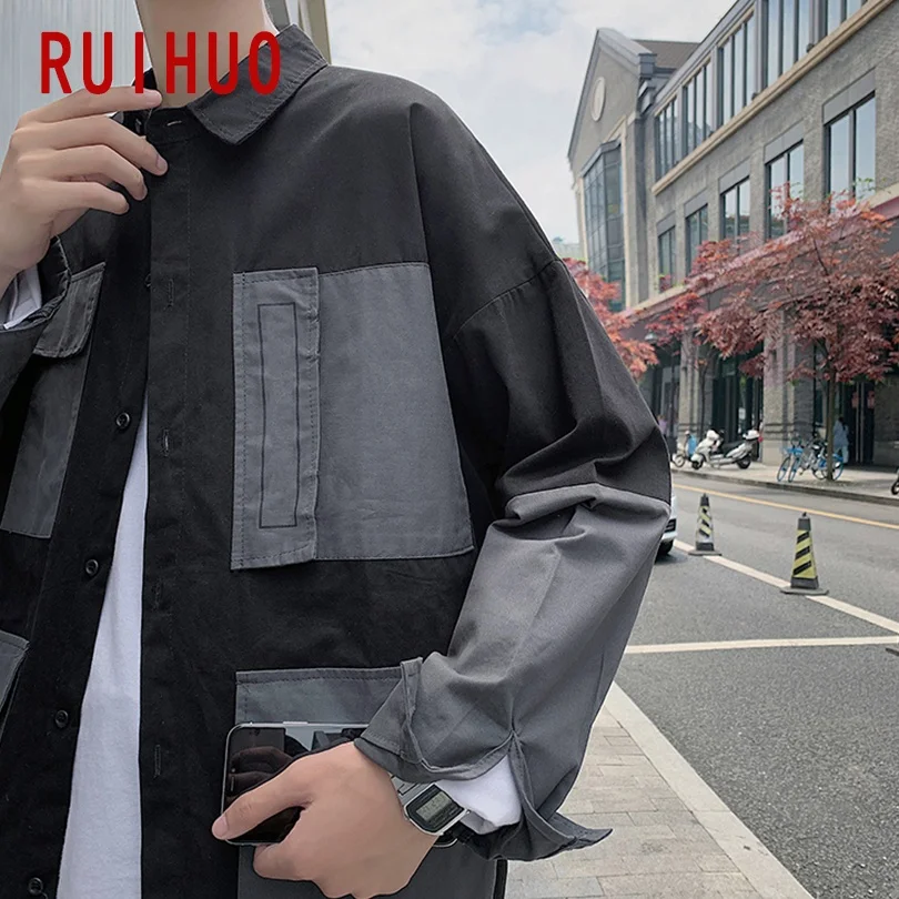 

RUIHUO Cargo Men Shirts For Men Clothing Korean Style Men Shirt Long Sleeve Harajuku Shirt Korean Clothes 2XL 2021 Spring