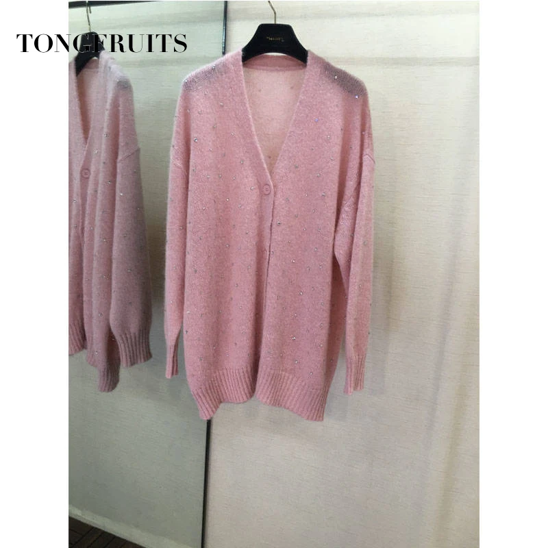Шерстяной розовый женский кардиган мохеровая куртка осень зима v-образный Вырез
