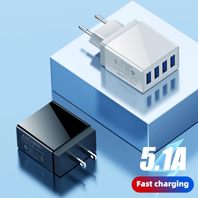 

5.1A Multiple Ports USB Charger 25W Travel Charger EU US UK 4 USB Wall Chargers for iPhone Samsung OnePlus OPPO Nokia Devices