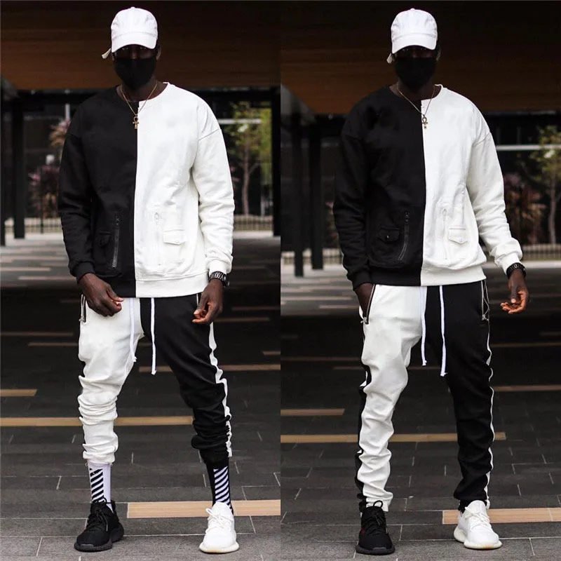 

men's sets autumn Hip hop Splicing tracksuit men fashion High street jogging two piece set men
