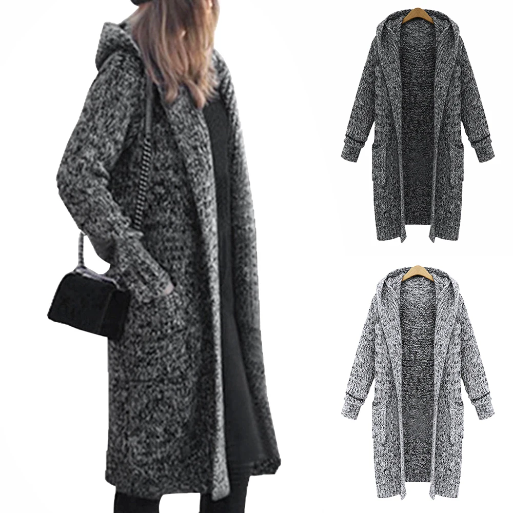 2019 Новый женский модный осенне-зимний длинный трикотажный свитер пальто