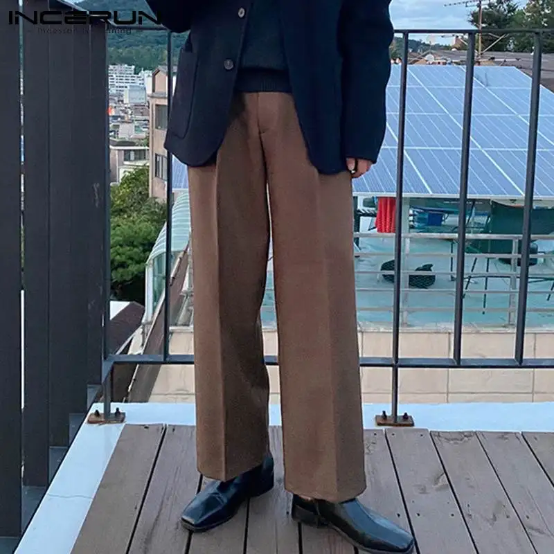 

Man Loose Zipper Bottoms Korean Style Pantalones INCERUN Men Leisure Solid Color Pants 2021 Spring Casual Straight Trousers 5XL