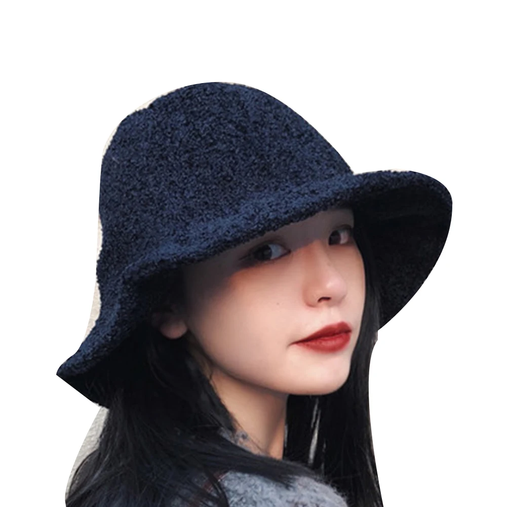 

Winter Fashion Women Solid Color Wide Brim Warm Casual Woolen Bucket Hat Cap fisherman hat warm wild ruffled casual hat
