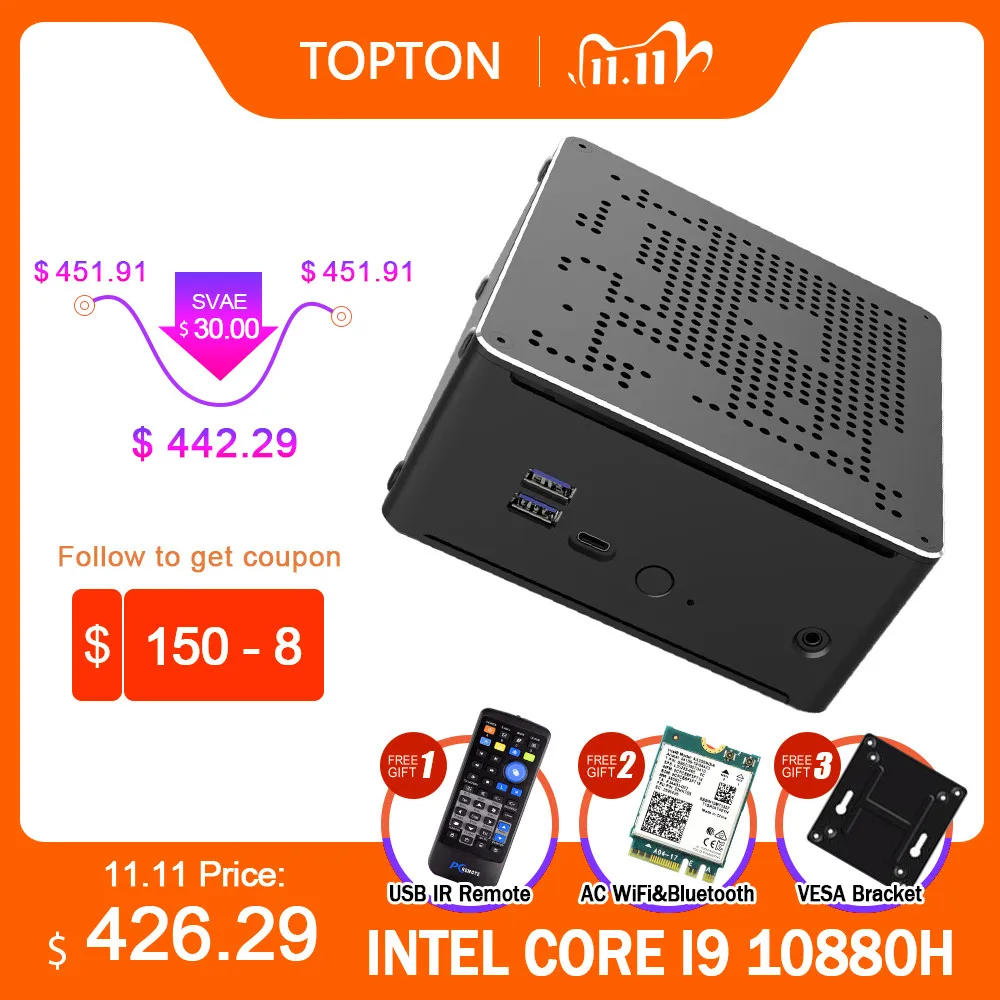 TOPTON Intel i9 9980HK i7 10750H Ксеон 2286M 8 ядро 10th Gen Мини ПК 2 * Lan DDR4 M.2 NVMe игровой компьютер Win10