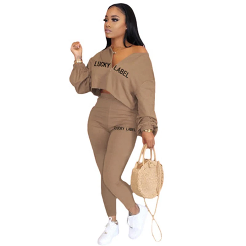 

Letter Lucky Label Solid Color Zipper Long Sleeves Pullover Tops & Embroidery Pants New Autumn Women Suit 2 Piece Set