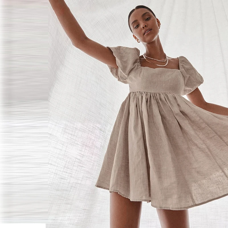 

Sweet Puff Sleeve Linen Mini Dress Woman Square Collar Solid High Waist A-Line Dress 2021 New Summer