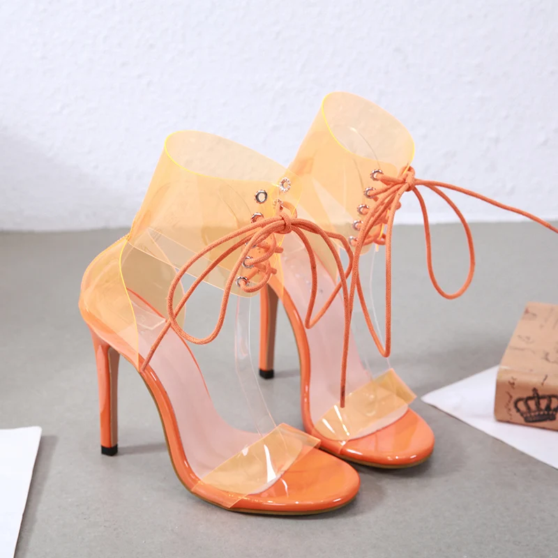 2019 г. Летние женские оранжевые сандалии на высоком каблуке 12 5 см прозрачные туфли