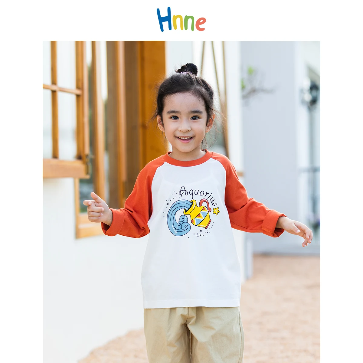 

Hnne 2022 Autumn New Aquarius Pattern Print Childrens Long Sleeve T-shirts Contrast Color Unisex Boys Girls Tops Kids Tshirt