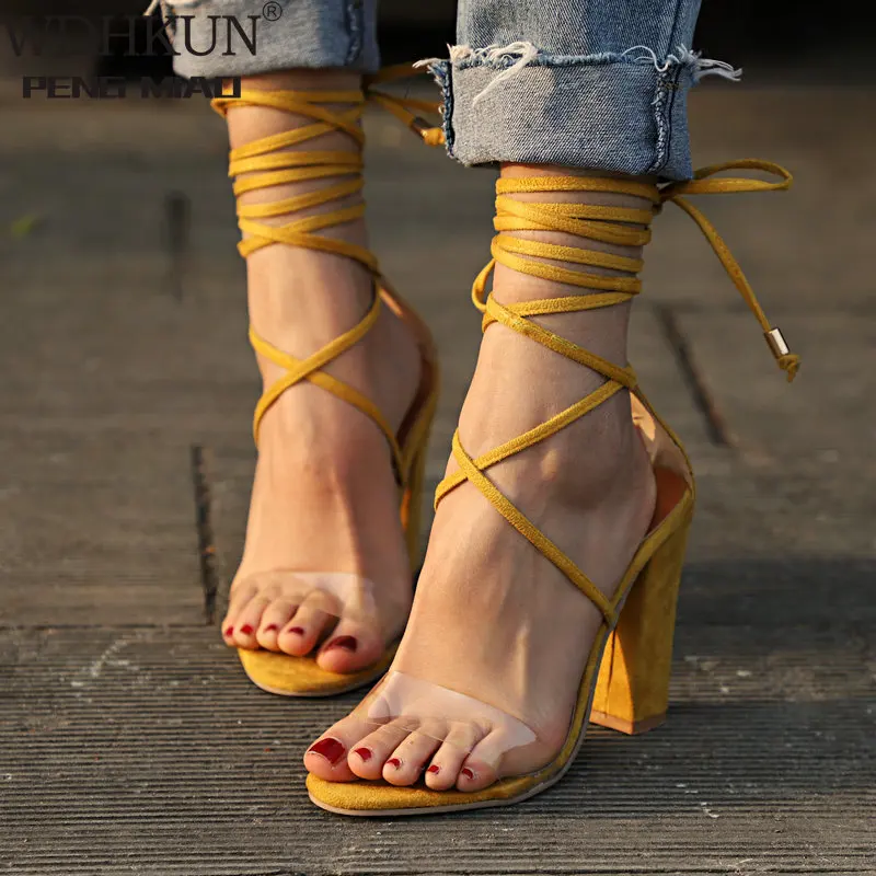 

Big Size 42.43 Women Shoes High Heels Sandals Women Bling Heels Womens Pumps Sandals Coarse Heel LACE UP Sandals 2021