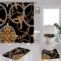 Baroque Pattern Polyester Shower Curtains Set Gold Non-slip Toilet Set Mat Set Waterproof Bathroom Accessories Bath Curtain 4pc