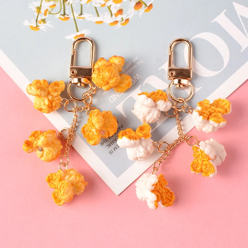 

Lovely Popcorn Keychain Keyring for Women Girl Jewelry Simulated Food Snack Cute Car Key Holder Keyrings Best Friend Couple Gift