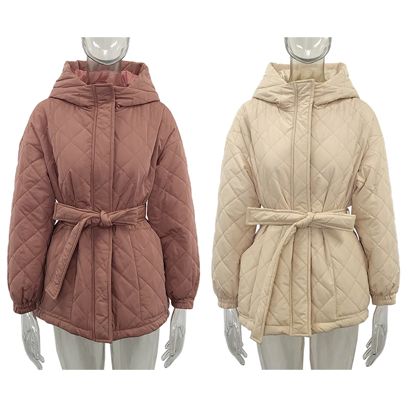 Casual Loose Arygle Hooded Parkas Women Fashion Solid Thick Short Coats Women Elegant Tie Belt Cotton Jackets Female Ladies