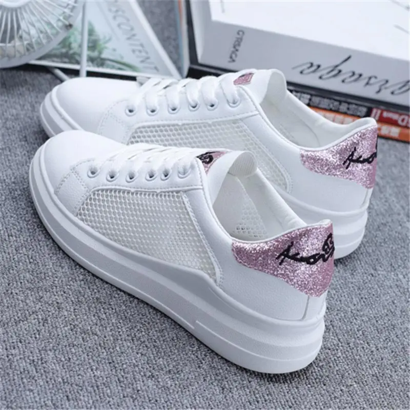 Pink White Sequin Женские кроссовки; Новинка года; модная обувь из дышащего сетчатого материала; женские спортивные кроссовки на шнуровке; женская обувь; zapatos de mujer - Цвет: Pink White Sequin
