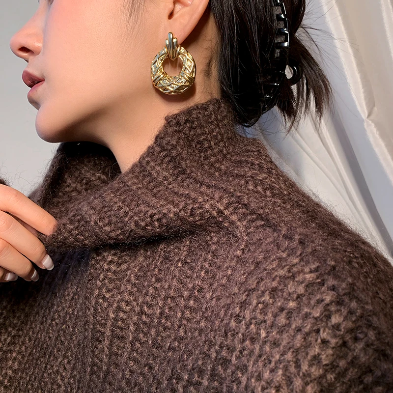 

Brass With 18K Gold Carved Statement Hoop Earrings Women Jewelry Punk Party Gown Runway Korean Japan