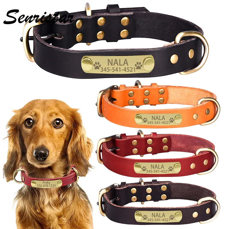 Personalized Genuine Leather Nameplate Dog Collar Custom Free Engraved ID Name Tag Pet Dog Collars for Small Medium Large Dogs