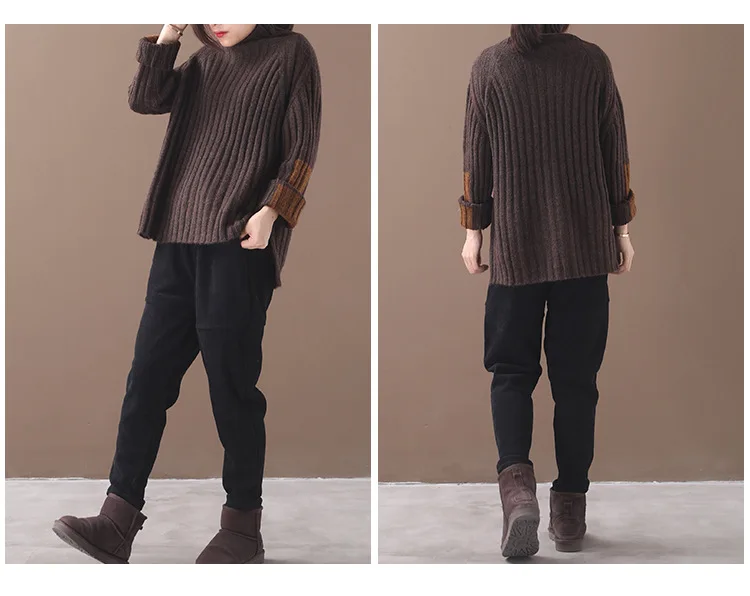 Женский зимний свитер в стиле ретро свободный полоску с высоким воротником