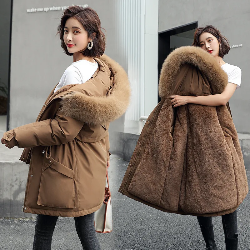 2022 Winter Fleece Parka Coat Plus Cashmere Drawstring Waist Cotton Down Padded Jacket Fur Collar Hooded Fur Thick Warm Outwear