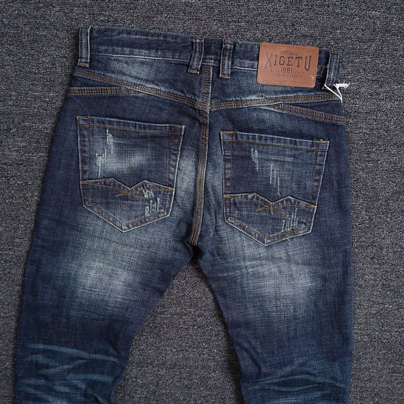European Vintage Fashion Men Jeans Retro Dark Blue Elastic Slim Fit Ripped Jeans Men Scratch Designer Casual Cotton Denim Pants
