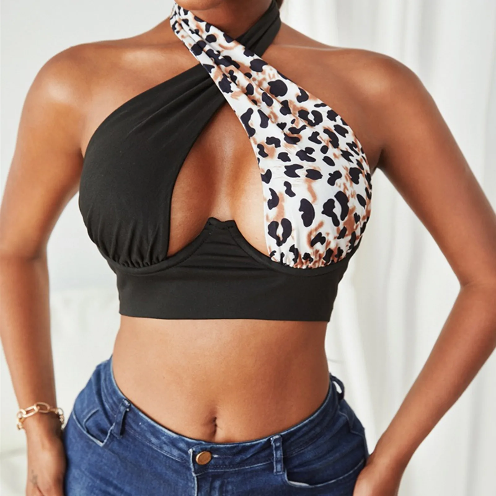 

Cross Tank Tops Women Sexy Tshirt Leopard Cutout Front Sleeveless Crop Tops Summer Party Club Streetwear Lady Bustier Tshirt 40#
