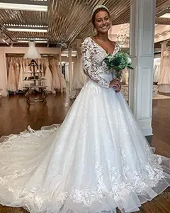 Beach Sexy V Neck Women's Sleeves Bridal Ball Gowns Wedding Dresses with Train for Bride Long White