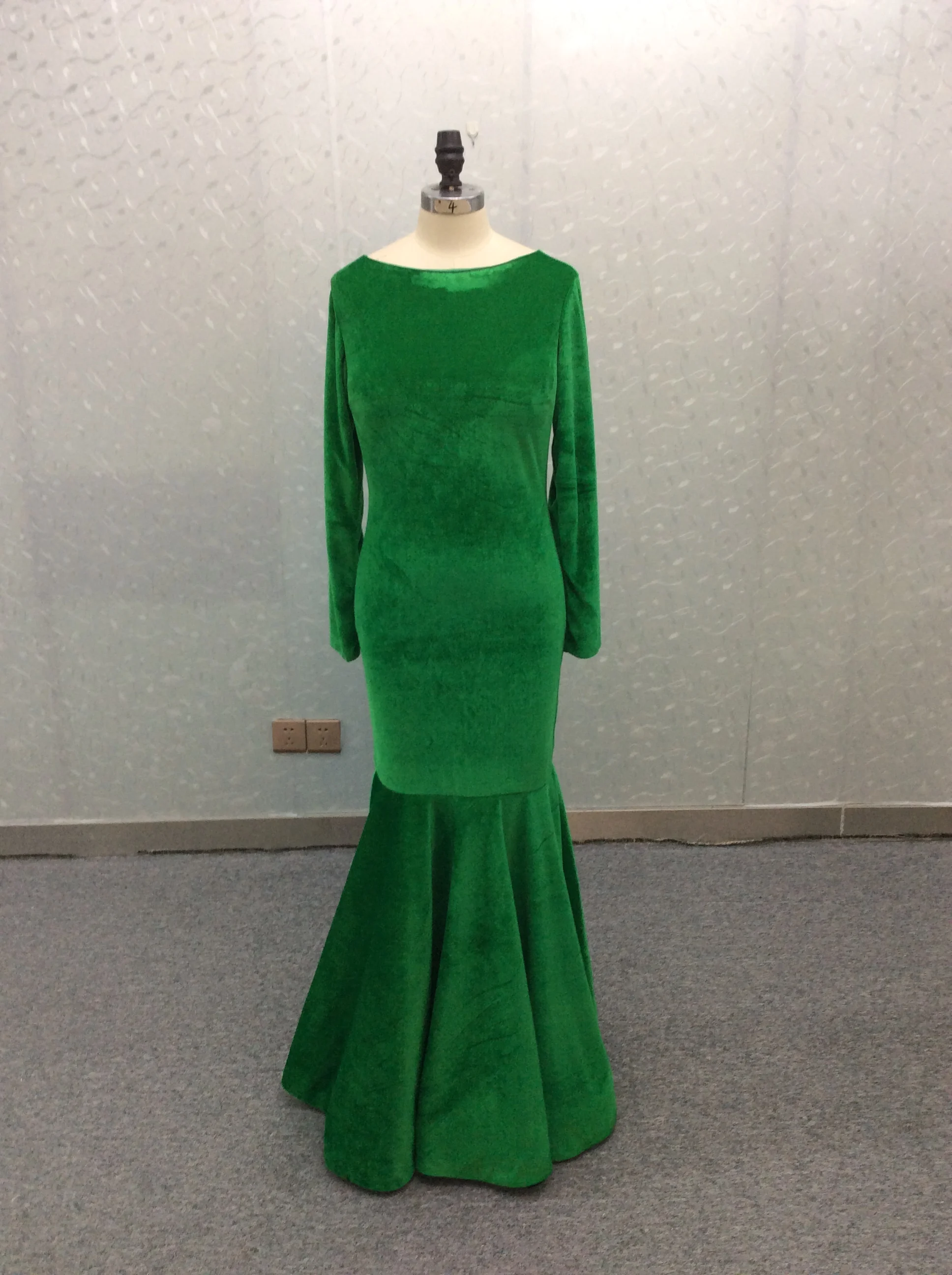 

Женское вельветовое вечернее платье, зеленое платье-Русалка с длинным рукавом и молнией на спине