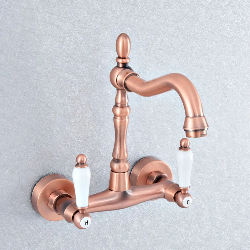 

Antique Red Copper 2 Ceramic Handle Two Hole Wall Kitchen Bathroom Basin Faucet Sink Cold Hot Mixer Tap Swivel Spout 360' dsf880