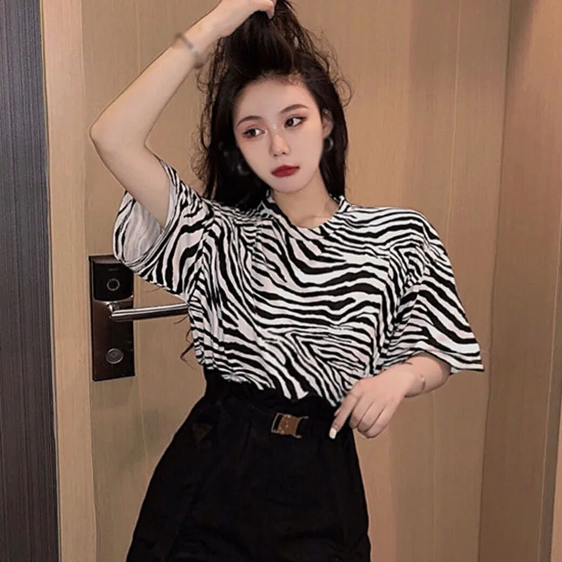 

Zebra Pattern Loose And Thin Short-sleeved T-shirt Women Print Crop Top 2021