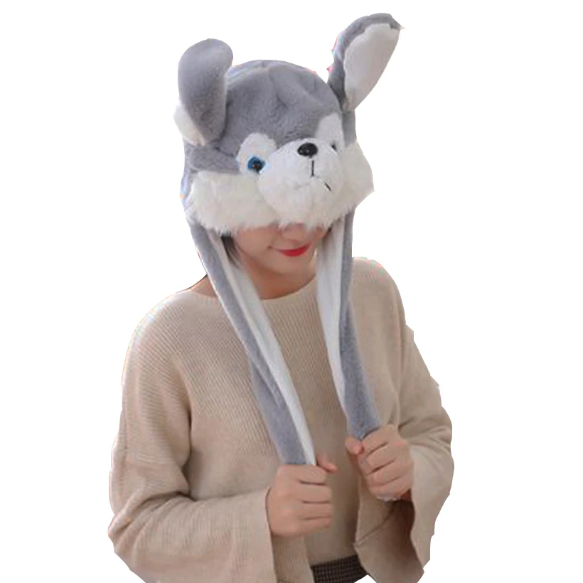 

Husky hooded hat with ears moving plush toy hat stuffed toy cap